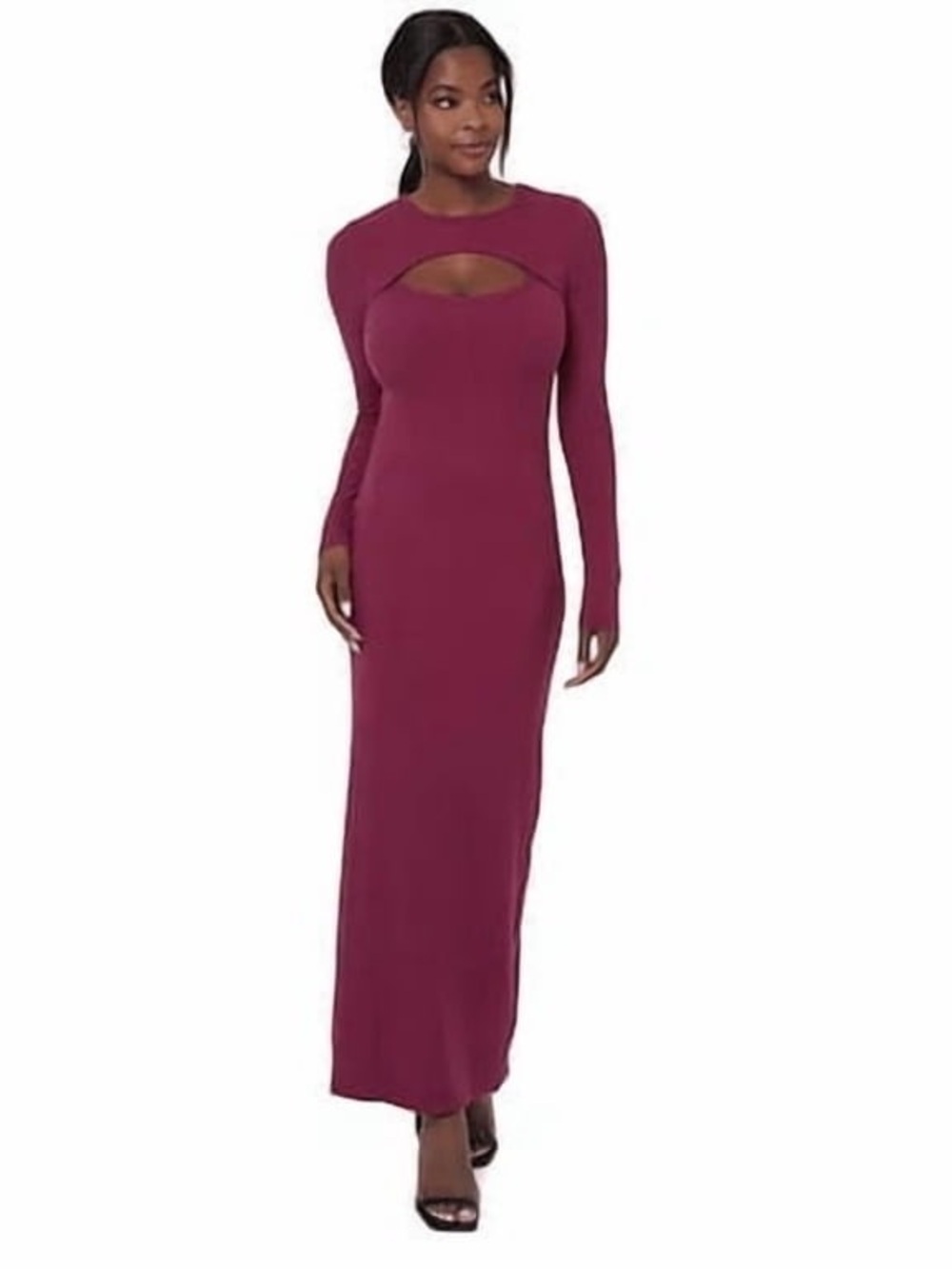 Long-Sleeve Cutout Maxi Dress in Berry